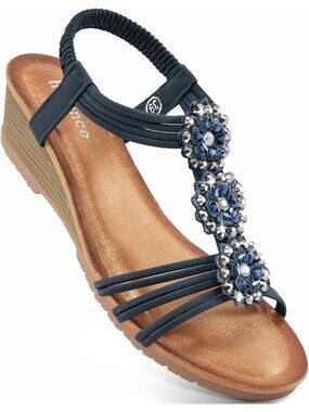 Women's Blue Floral Rhinestone Elastic Slingback Low Wedge Heel Sandals Shoes